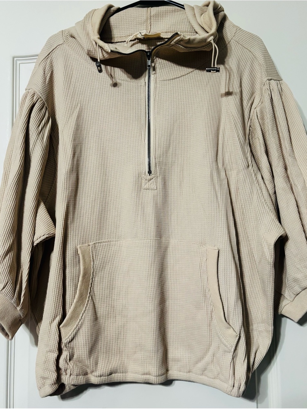 BiBi Beige Waffle Half-Zip Oversized Balloon Sleeve Hoodie